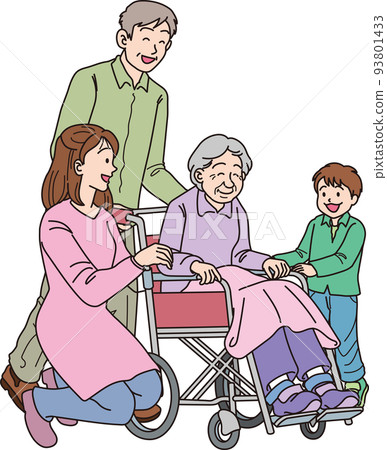 Color _ Wheelchair elderly three generation family _ 6 people _ Wheelchair great grandmother _ Grandfather pushing _ Young mom and boy snuggling 93801433