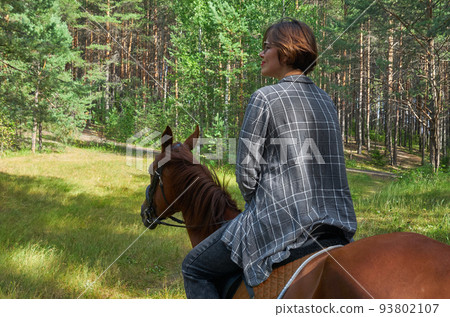 Woman in casual clothes rides a horse in hot summer day 93802107