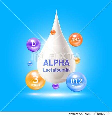 Alpha lactalbumin omega 3 and vitamin B1, C. Whey protein containing essential amino acids for infant. Design logo products kids food. 93802262