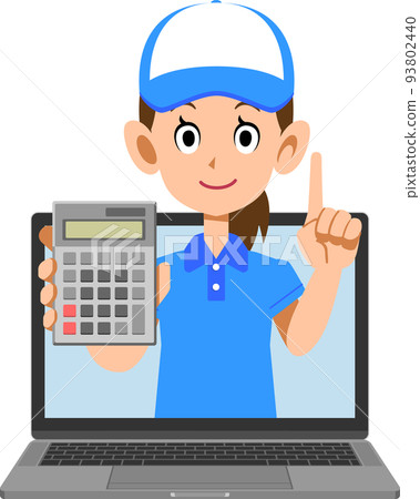 A woman wearing a blue cap and a polo shirt calculating online 93802440
