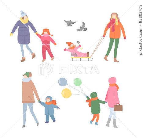 Mother with Kid, Walking during Winter Season 93802475