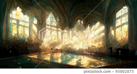 帶彩色玻璃的教堂內部 93802873