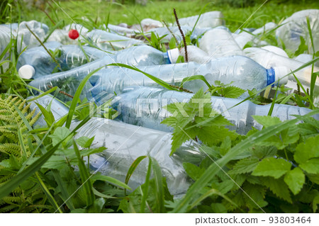 Plastic bottles are scattered in the grass. Environmental pollution. plastic trash 93803464