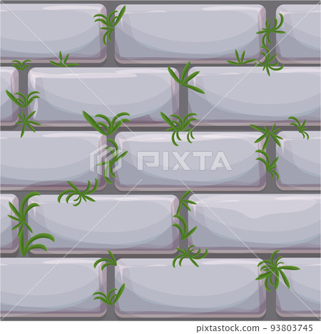 Stone wall from bricks, rock wall with grass game background in cartoon style, seamless textured surface. Ui game asset, road or floor material 93803745