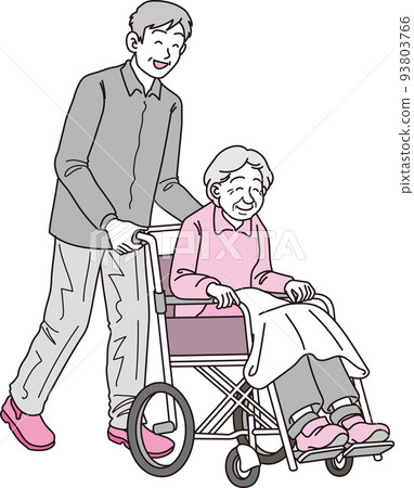 Magenta Black_Elderly woman in wheelchair and elderly man pushing 93803766