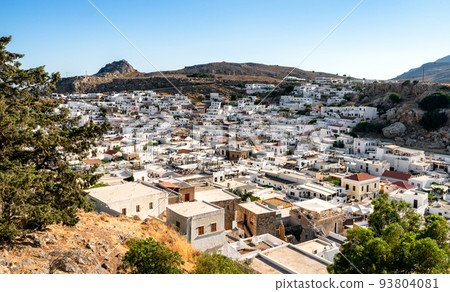 Traditional white buildings at town Lindos in Rhodes island, Greece 93804081