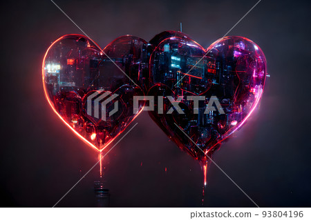 two cybernetic glowing decorative hearts on gray background, neural network generated art two cybernetic glowing decorative hearts on gray background, neural network generated art 93804196