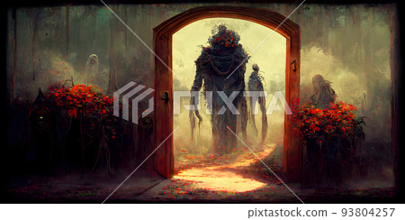 nightmare scary creatures ariving from portal arch, scene with red flowers and pathway, neural network generated art 93804257
