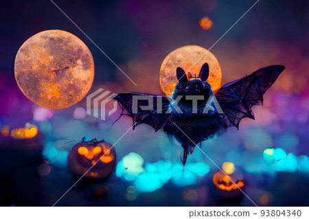 cute bat with pumpkins and moon on dark background, neural network generated image. 93804340
