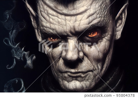 close portrait of demonic man with yellow glowing eyes and gray skin, neural network generated art 93804378