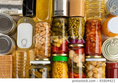 Emergency groceries food background flat lay Emergency groceries food background flat lay 93804421