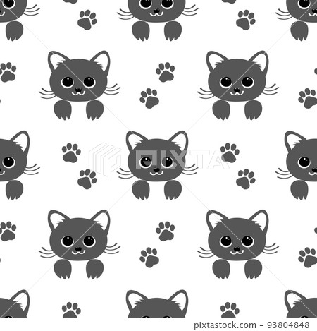Seamless pattern, cute cat faces and paw prints on a white background. Print for children, textile, vector Seamless pattern, cute cat faces and paw prints on a white background. Print for children, textile, vector 93804848