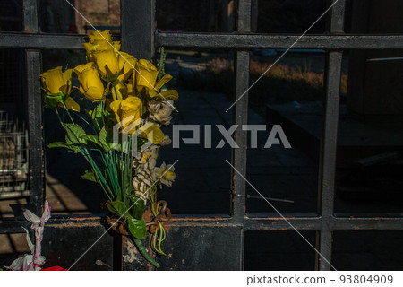 Yellow plastic flowers tied to steel doors. 93804909