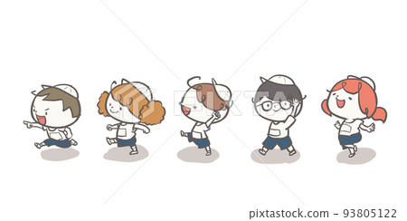 上體育課時頭戴紅白帽的孩子並肩行進（白團版） 93805122