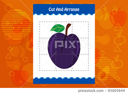 Cut and arrange with a fruit worksheet for kids. Educational game for children Cut and arrange with a fruit worksheet for kids. Educational game for children 93805644