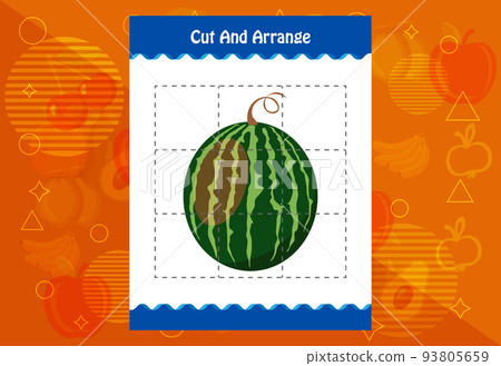 Cut and arrange with a fruit worksheet for kids. Educational game for children Cut and arrange with a fruit worksheet for kids. Educational game for children 93805659