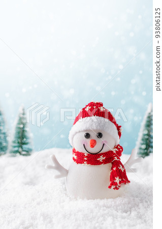 Christmas background with happy snowman standing in winter landscape. Christmas greeting card. Winter time. Christmas background with happy snowman standing in winter landscape. Christmas greeting card. Winter time. 93806125