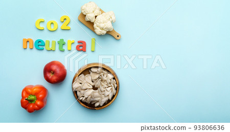 Local organic vegetables and fruits with carbon neutral emission label. Top view. Copy space 93806636