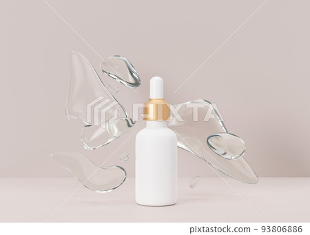 Blank, unbranded cosmetic serum bottle with abstract water forms. Skin care product presentation on beige background. Mock up. Dropper bottle, hyaluronic acid, oil, serum with copy space. 3D render. Blank, unbranded cosmetic serum bottle with abstract water forms. Skin care product presentation on beige background. Mock up. Dropper bottle, hyaluronic acid, oil, serum with copy space. 3D render. 93806886