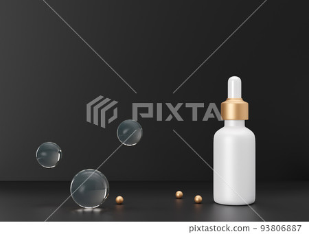 Blank, unbranded cosmetic serum bottle. Skin care product presentation on black background. Mock up. Dropper bottle, hyaluronic acid, oil, serum with copy space. 3D rendering. Blank, unbranded cosmetic serum bottle. Skin care product presentation on black background. Mock up. Dropper bottle, hyaluronic acid, oil, serum with copy space. 3D rendering. 93806887