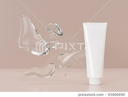 White and blank, unbranded cosmetic cream tube with abstract water forms. Skin care product presentation on beige background. Luxury mockup. Tube with copy space. 3D rendering. 93806890
