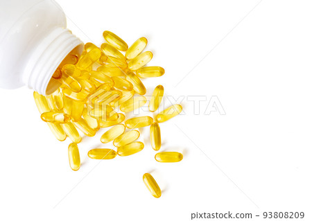 Pile of capsules Omega 3 isolated on white background Pile of capsules Omega 3 isolated on white background 93808209