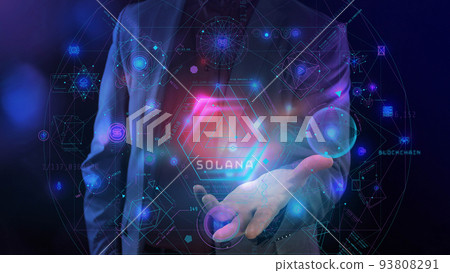 Blockchain and cryptocurrency virtual infographics on a man's palm Blockchain and cryptocurrency virtual infographics on a man's palm 93808291