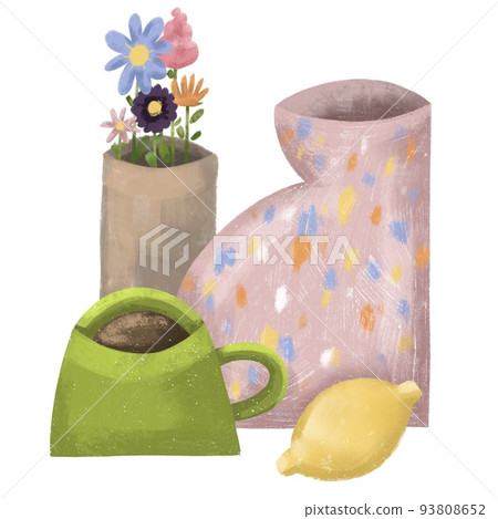 a cup of tea, lemon and flower vase breakfast set illustration. good morning concept, blogger content 93808652