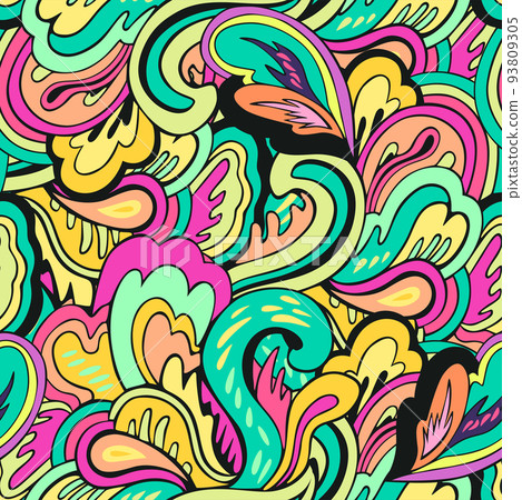 Seamless pattern with floral and plants element in psychedelic funky style in pastel colors 93809305