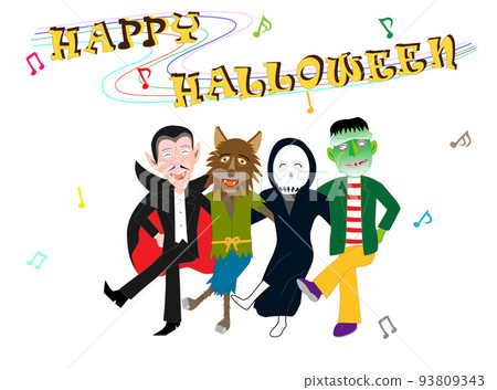 Frankensteins and werewolves celebrate Halloween by playing music and dancing. Frankensteins and werewolves celebrate Halloween by playing music and dancing. 93809343