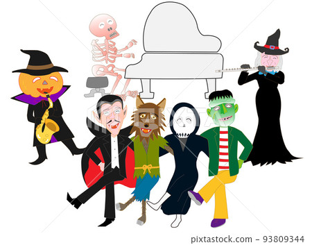 Witches and jack-o-lanterns celebrate Halloween by playing music and dancing. Witches and jack-o-lanterns celebrate Halloween by playing music and dancing. 93809344
