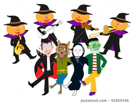 Jack-o'-lanterns and werewolves celebrate Halloween by playing music and dancing. Jack-o'-lanterns and werewolves celebrate Halloween by playing music and dancing. 93809346