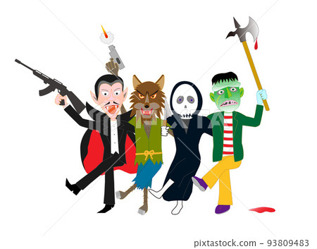Disguised as werewolves and Frankensteins with weapons on Halloween Day. 93809483
