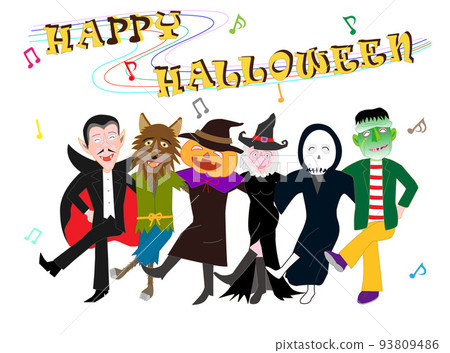 Jack-o'-lanterns and werewolves celebrate Halloween by playing music and dancing. Jack-o'-lanterns and werewolves celebrate Halloween by playing music and dancing. 93809486