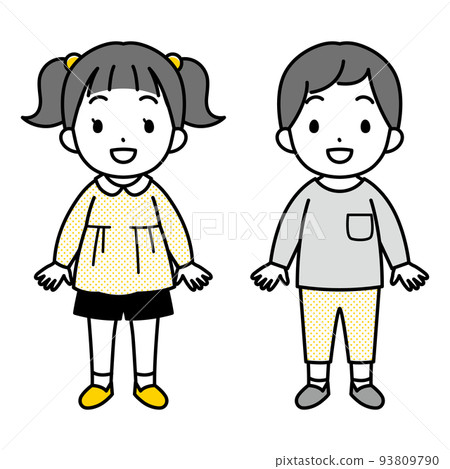 一個小女孩和一個表情明亮的男孩的插圖（長袖，彩色） 93809790
