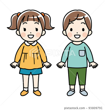 一個小女孩和一個表情明亮的男孩的插圖（長袖，彩色） 93809791