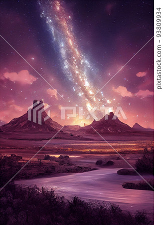Illustration a beautiful milky way star and green aurora dancing over the mountain. Illustration a beautiful milky way star and green aurora dancing over the mountain. 93809934