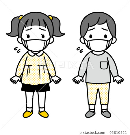 一個小女孩和一個男孩帶著焦慮和痛苦的表情戴著面具的插圖（長袖，簡單） 93810321