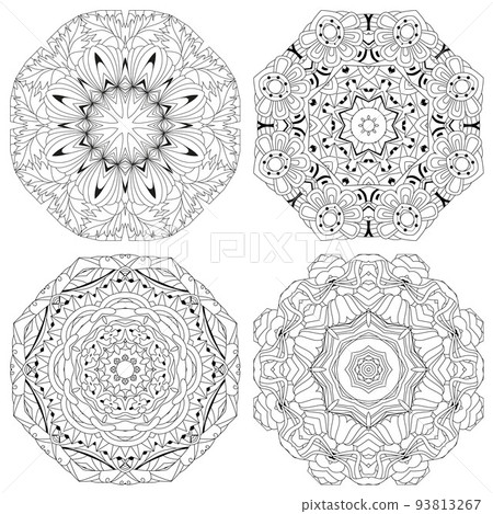 Hand drawn zentangle set of 4 mandalas for coloring page. 93813267
