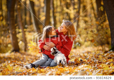 Young woman with little girl sitting on a blanket in autumn forest. Blonde woman play with her daughter and holding yorkshire terrier dog. Mother and daughter wearing jeans and red jackets. 93814829
