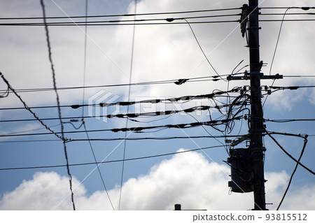 Electric wire, utility pole, silhouette, sky, blue sky, cloud Electric wire, utility pole, silhouette, sky, blue sky, cloud 93815512