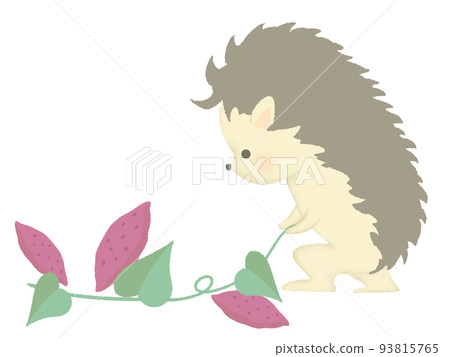 Illustration of a hedgehog digging potatoes with lines 93815765