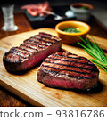 ribeye steak on wooden board 93816786