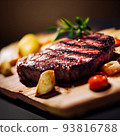 grilled ribeye steak on wooden board 93816788