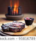 grilled ribeye steak on wooden board 93816789