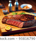 grilled ribeye steak on wooden board 93816790