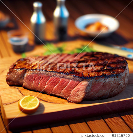 grilled ribeye steak on wooden board 93816790