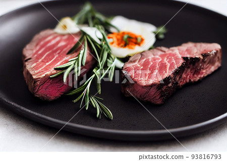 delicious steak on black plate served with rosemary 93816793