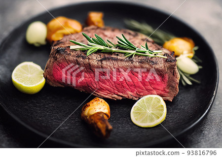 delicious steak on black plate served with rosemary delicious steak on black plate served with rosemary 93816796