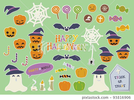 Assortment of cute Halloween illustrations/colorful title letters/candy, lantern, ghost/white border 93816906
